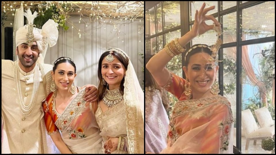 Alia ranbir wedding Karisma Kapoor shares excitement as Alia kaleeras falls on her See pictures