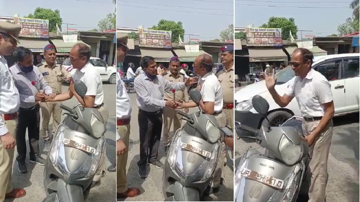 Bijnor News: Traffic police have not cut challan but give a rose flower to bike rider