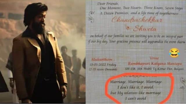 Fan recreates KGF Chapter 2 Yash dialogue Hinsa Hinsa on his wedding card, photos goes viral on social media