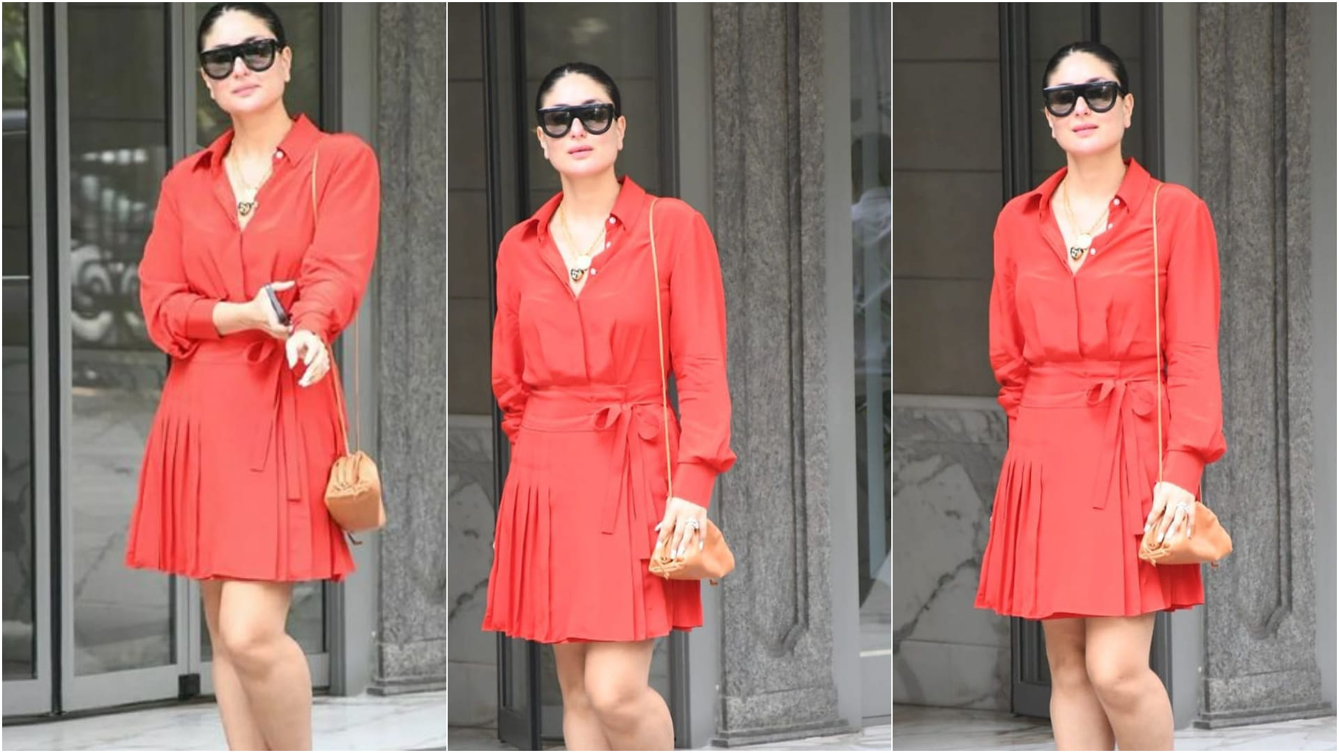 kareena kapoor chic look in red short dress visit for mother babita kapoor birthday