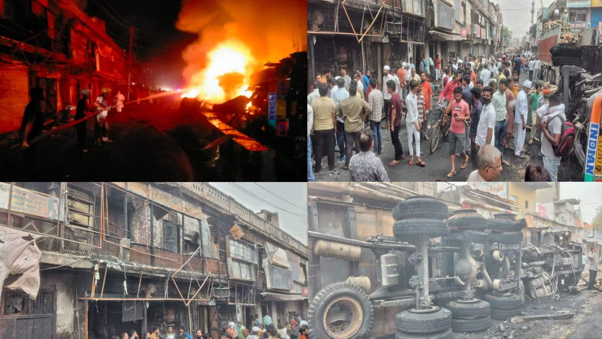 Bulandshahr container filled with potato truck with wood over turn catches fire 5 shops also burn