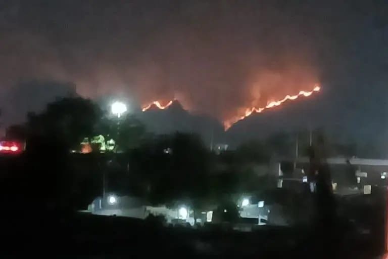 Fire in the forest of the hill of Mansa Devi temple