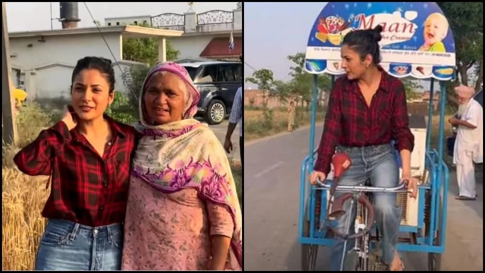 Shehnaaz Gill rides an ice cream cycle photo clicked with the children folk dance watch video