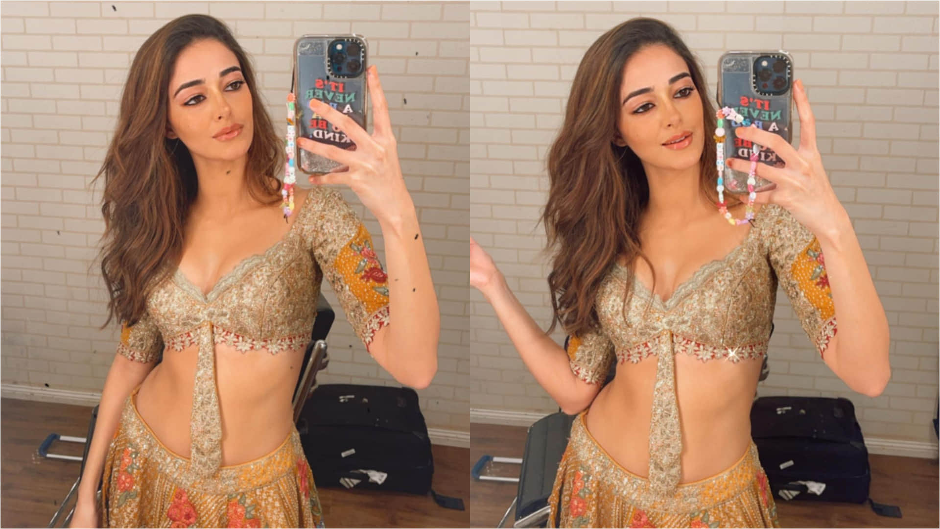 ananya pandey taking mirror selfie flaunts slim waist in mustard lehenga