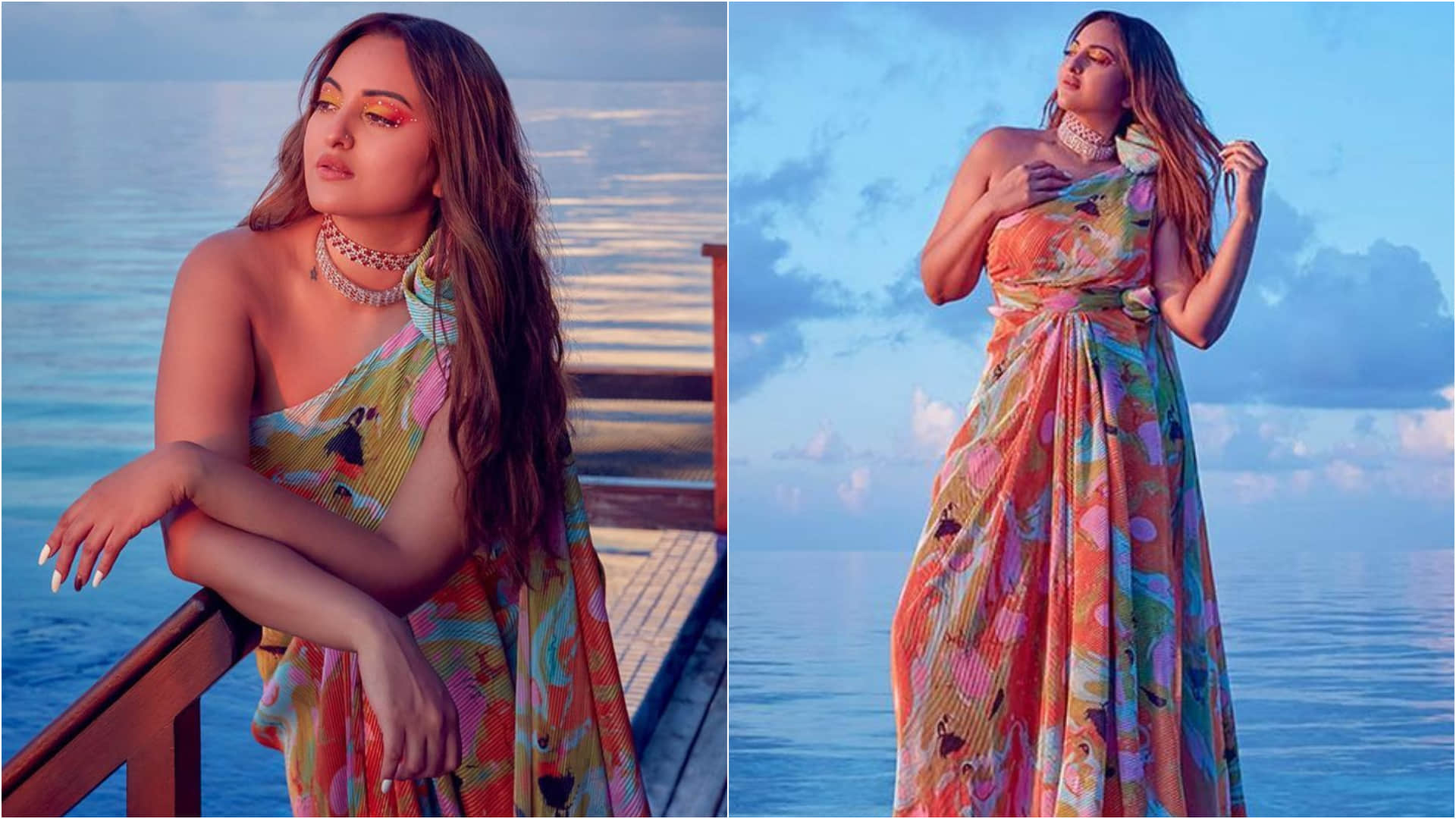 sonakshi sinha sizzling look in beach pose in different outfit