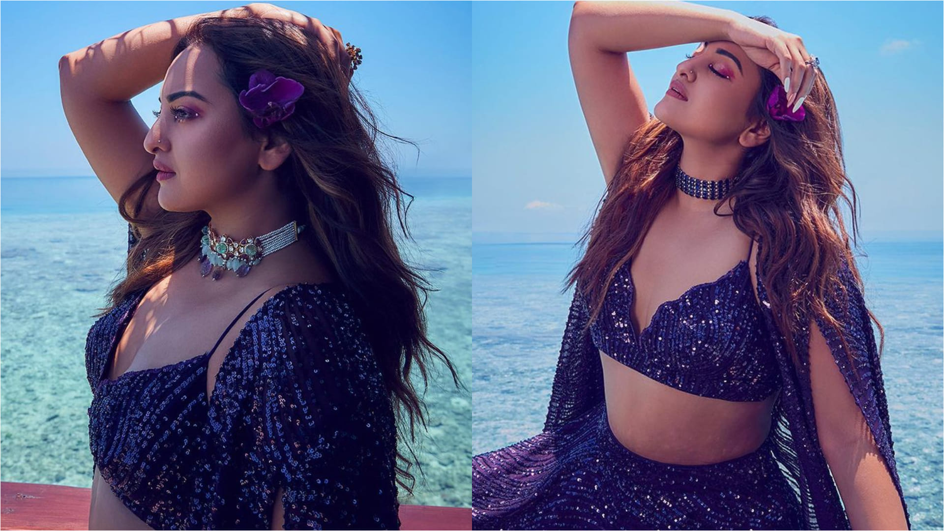 sonakshi sinha sizzling look in beach pose in different outfit