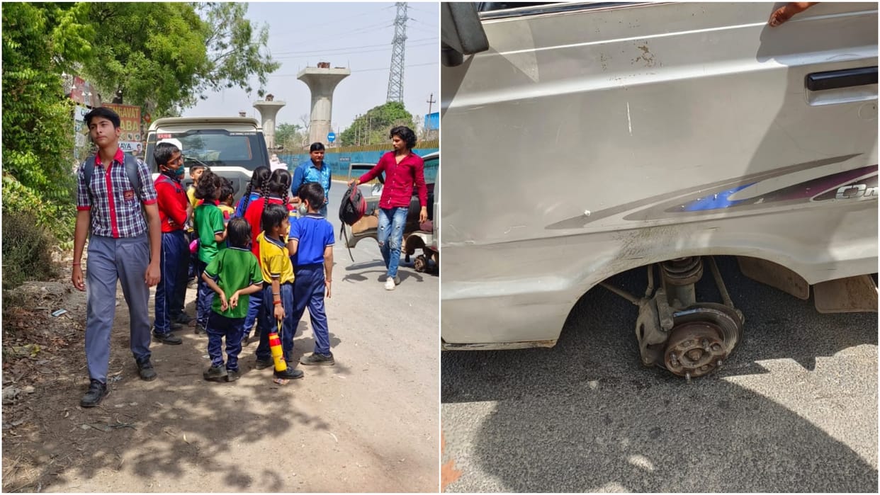 wheel of school vehicle came out and hit car 15 students were in car