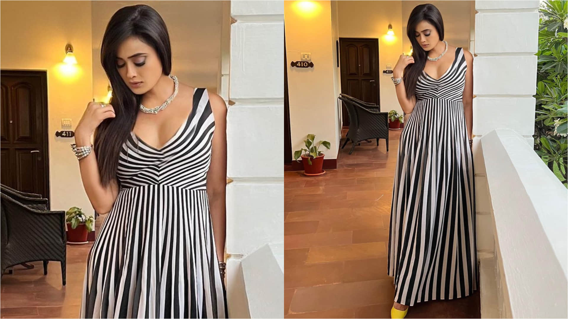 palak tiwari mom shweta tiwari in black and white plunging neckline maxi dress