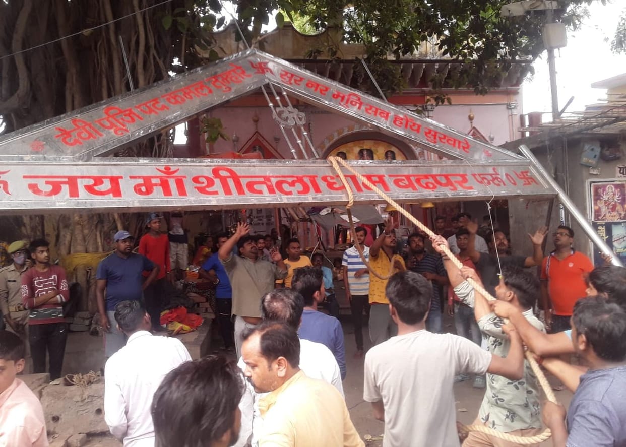 Temple gate removed, Prasad shops broken