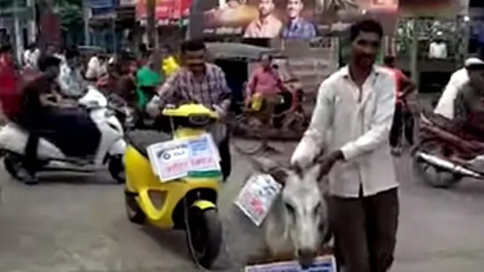Maharashtra : Man ties faulty electric scooter to donkey, parades it round town