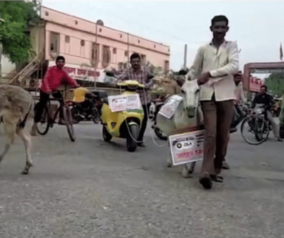 Ola Electric Scooter Issues Maharashtra Beed district Customer unique protest showing his frustration with Ola Electric ties donkey to Ola Electric Scooter