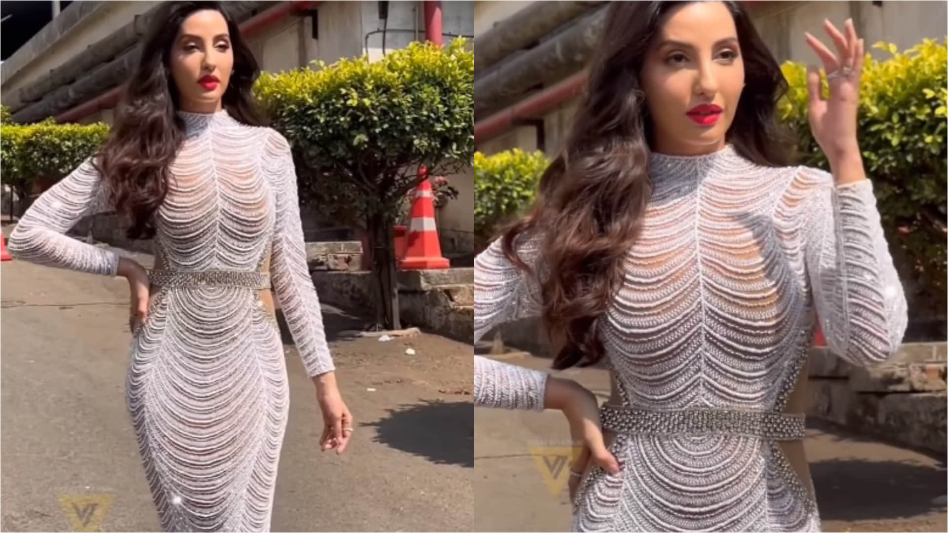 nora fatehi in see through leggings super hot look with bangs haircut