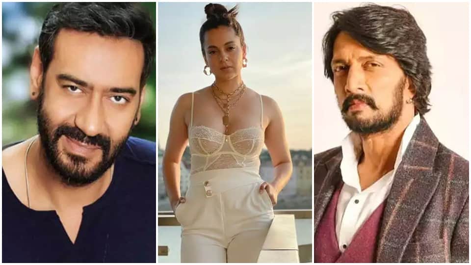 dhaakad trailer launch kangana ranaut reaction on ajay devgn kiccha sudeep hindi language 
