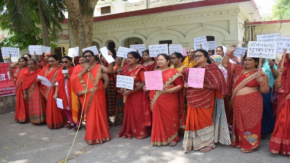 Anganwadi workers protest on Labor Day in Mainpuri