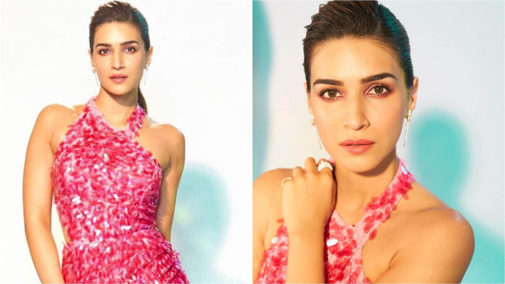kriti sanon pink sequin backless gown with thigh high slit look stunning