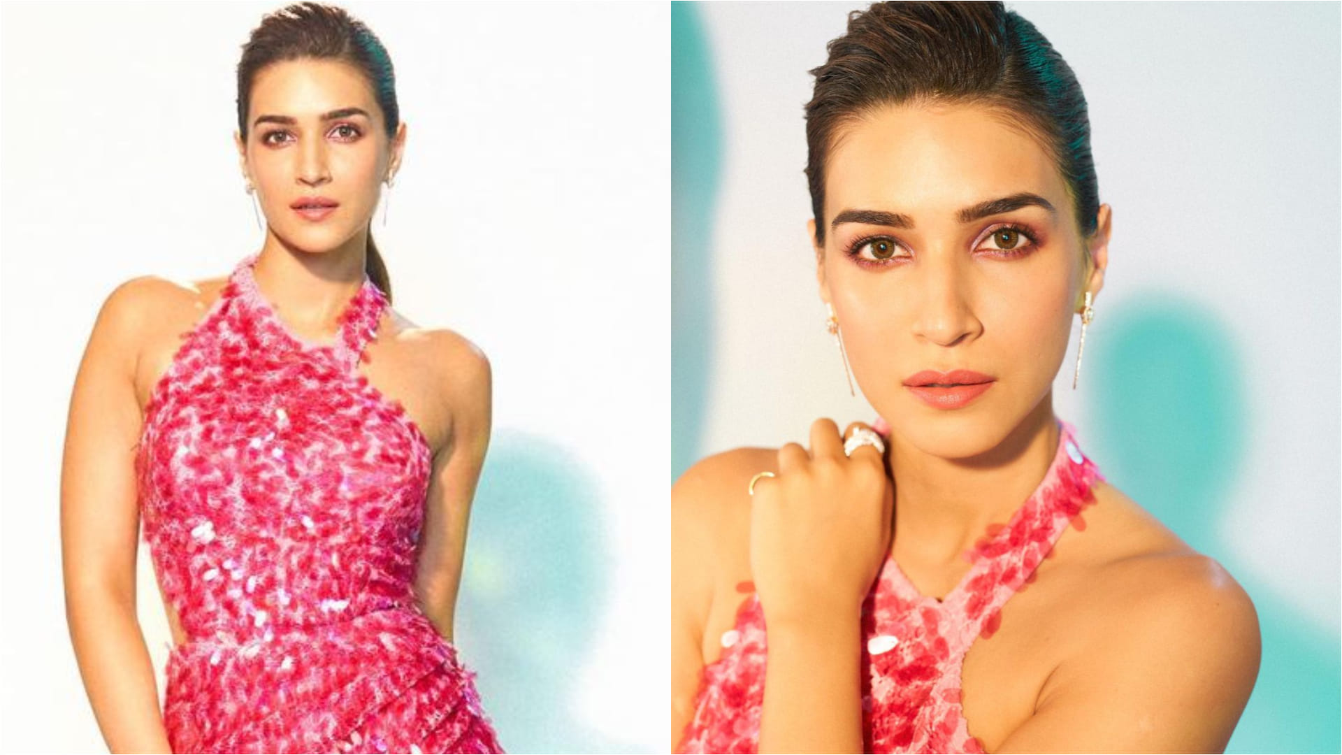 kriti sanon pink sequin backless gown with thigh high slit look stunning