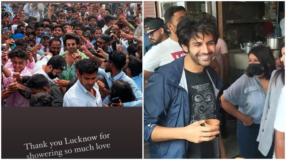 kartik aaryan was seen in lucknow sharma tea stall for promotion of film bhool bhulaiyaa 2
