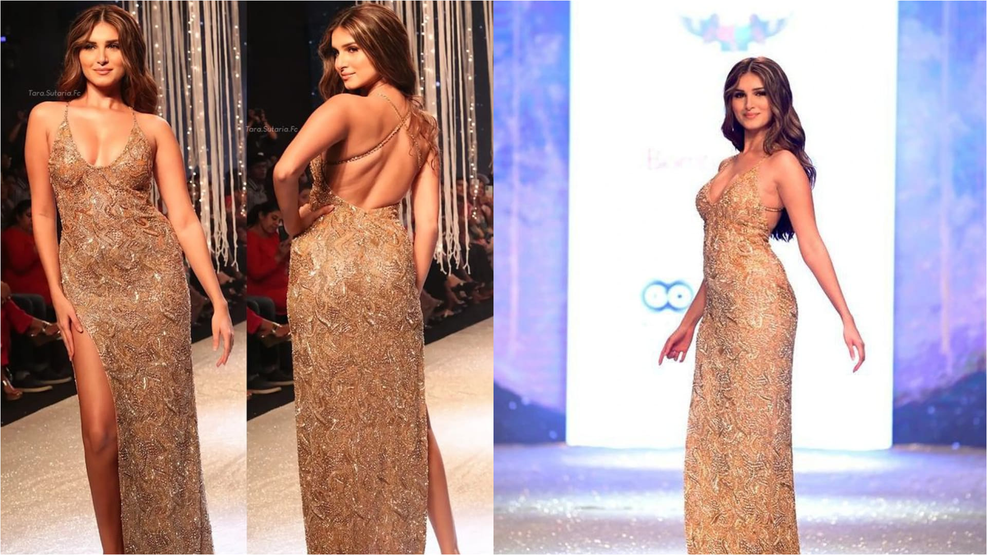 tara sutaria steal the show on ramp walk in golden thigh high slit gown with bold look