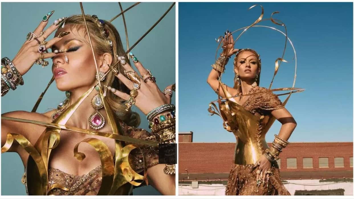 met gala 2022 Indian natasha poonawalla in sabyasachi saree and schiaparelli metallic bustier