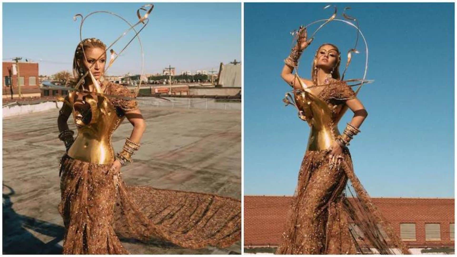 met gala 2022 Indian natasha poonawalla in sabyasachi saree and schiaparelli metallic bustier