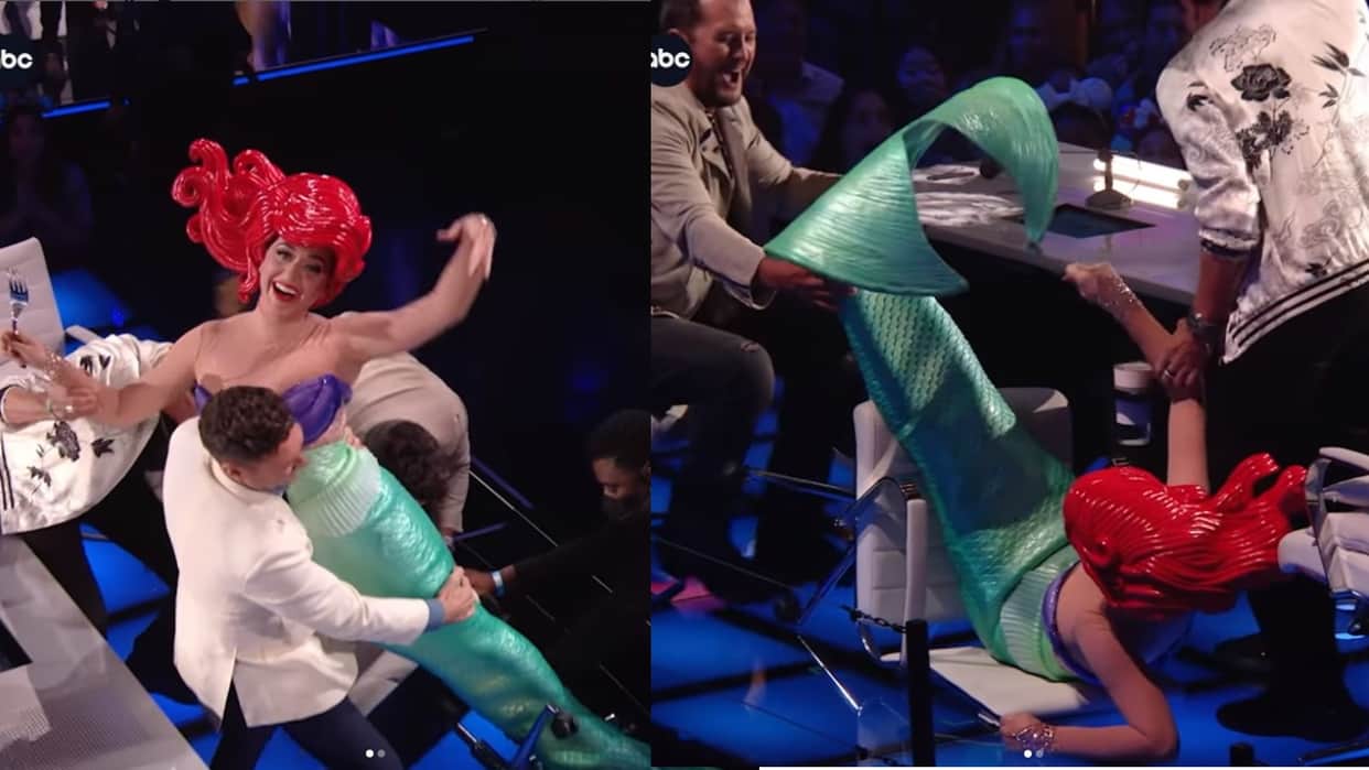 shocking hollywood singer katy perry falls from chair while dressed as mermaid on american idol show