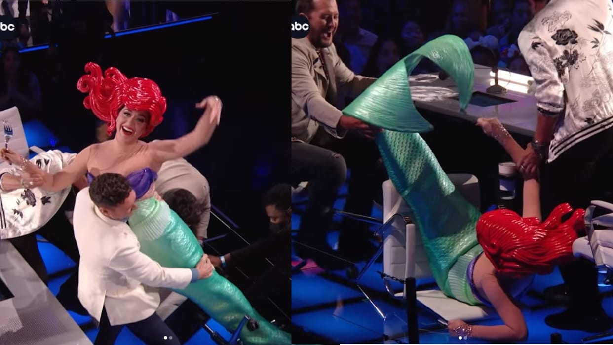 shocking hollywood singer katy perry falls from chair while dressed as mermaid on american idol show