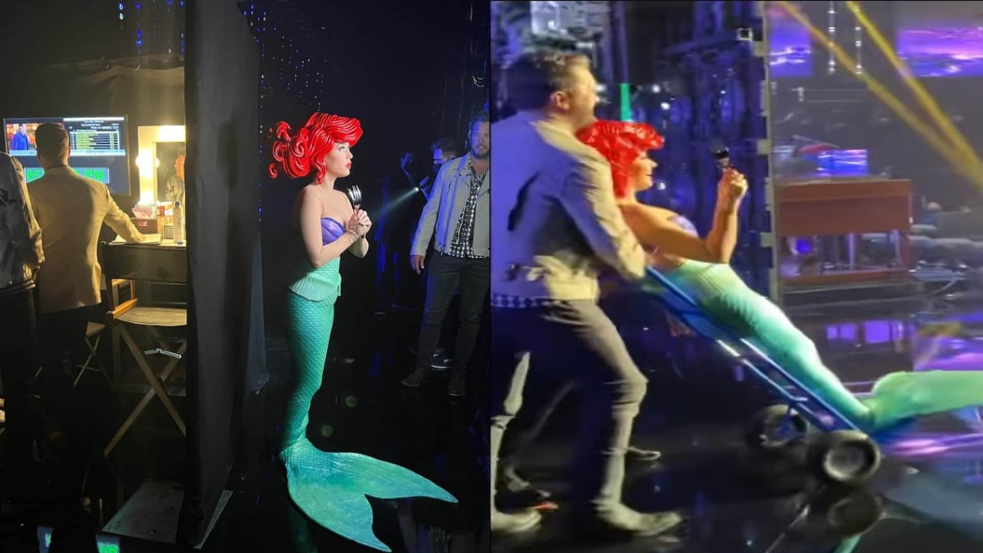 shocking hollywood singer katy perry falls from chair while dressed as mermaid on american idol show