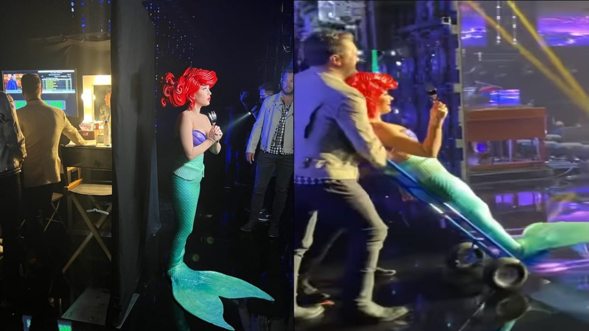 shocking hollywood singer katy perry falls from chair while dressed as mermaid on american idol show