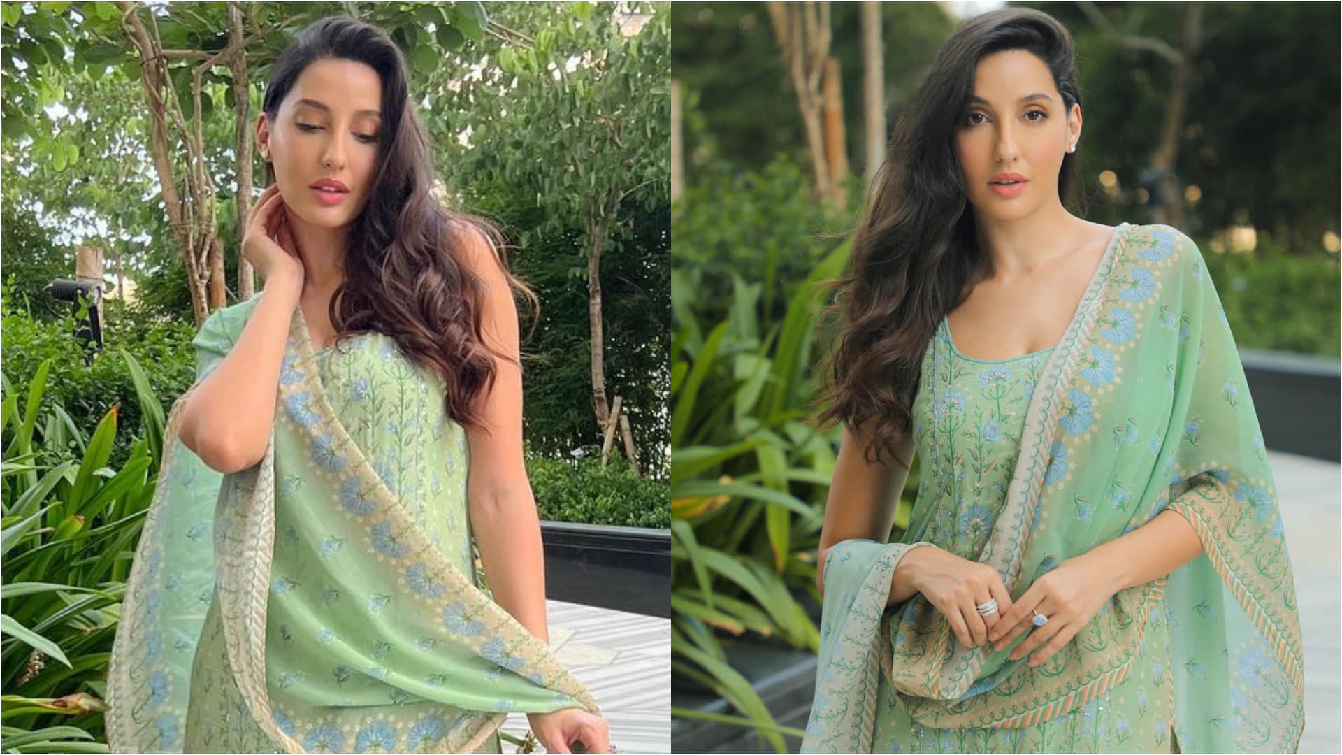 nora fatehi eid look perfect for summer festivities in pastel green kurta with sharara set