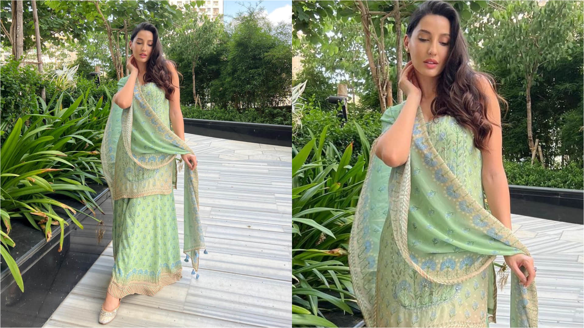 nora fatehi eid look perfect for summer festivities in pastel green kurta with sharara set