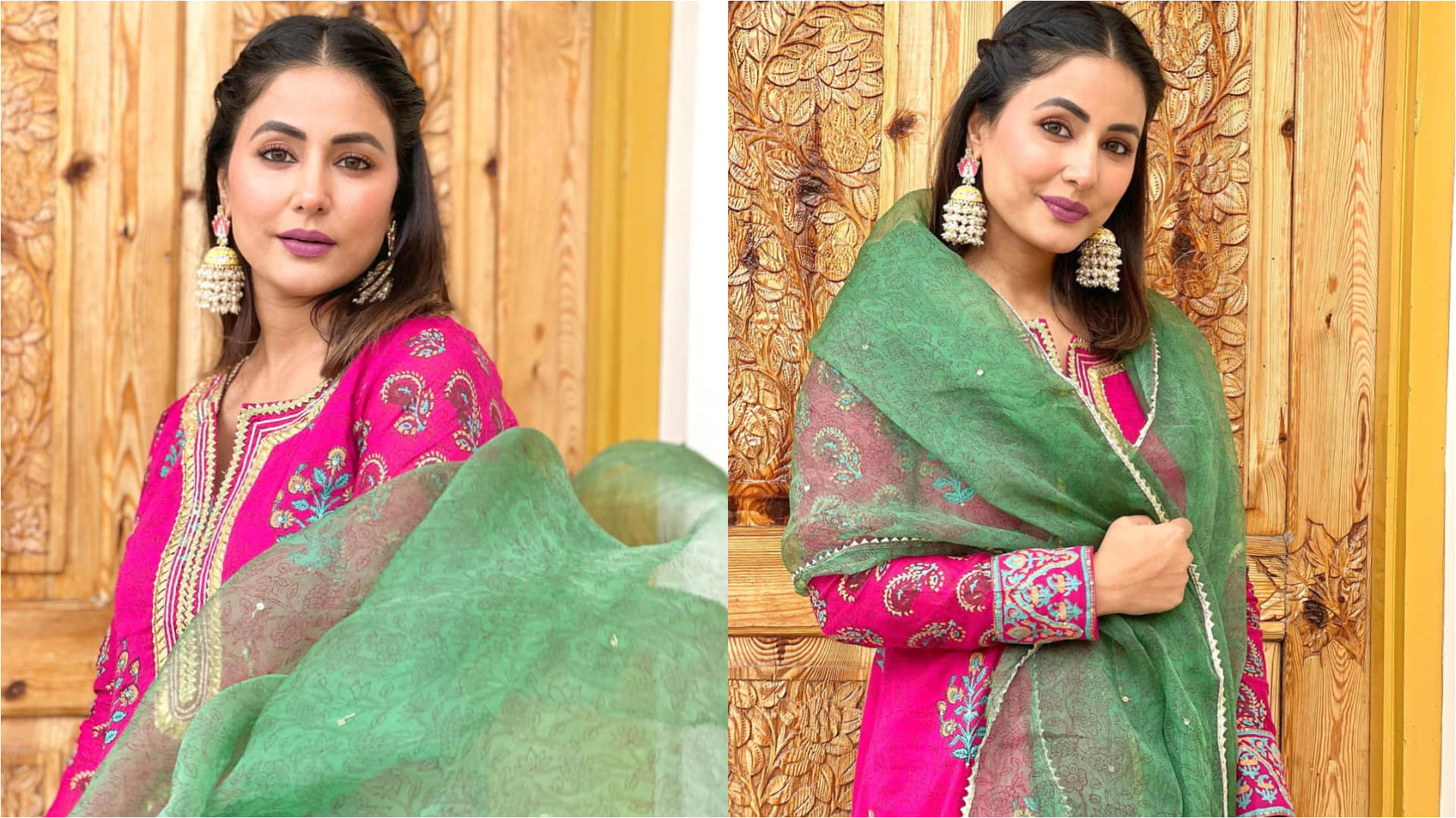 hina khan look elegant and beautiful in rani pink kurti with yellow sharara becoming kashmir ki kali