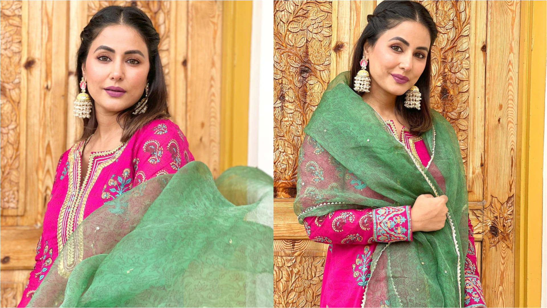hina khan look elegant and beautiful in rani pink kurti with yellow sharara becoming kashmir ki kali