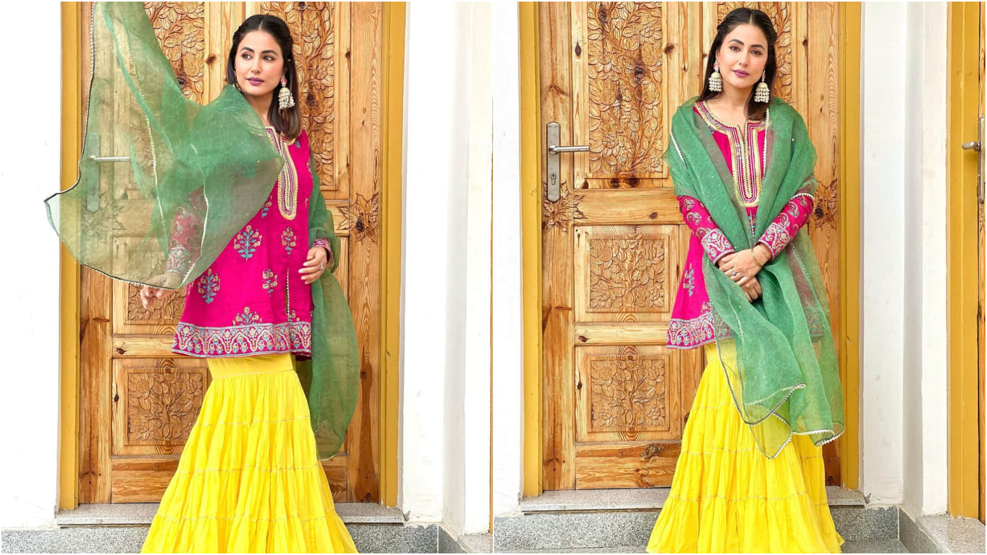 hina khan look elegant and beautiful in rani pink kurti with yellow sharara becoming kashmir ki kali