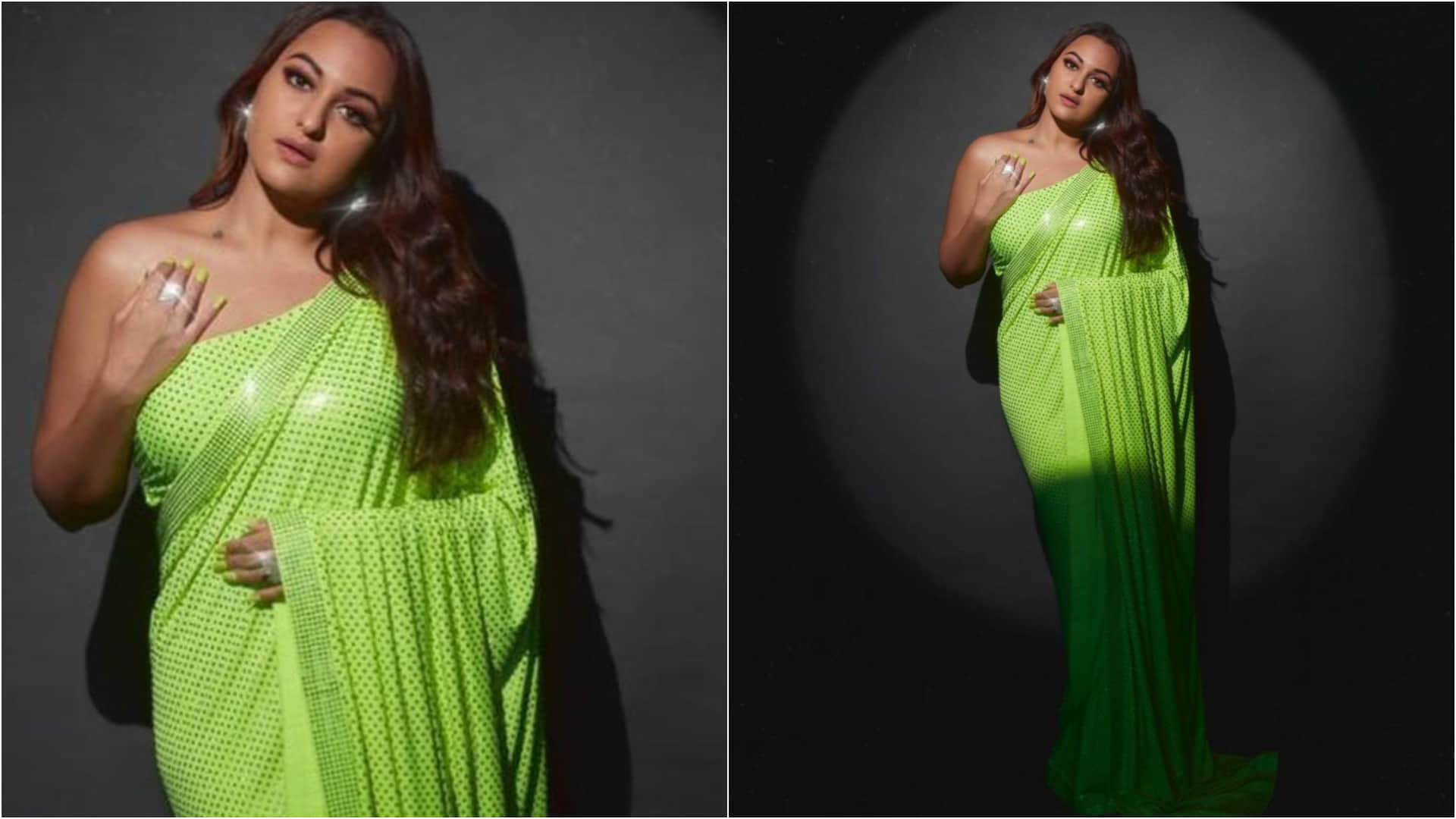 sonakshi sinha crystal work neon saree for saman khan sister arpita khan eid party 2022