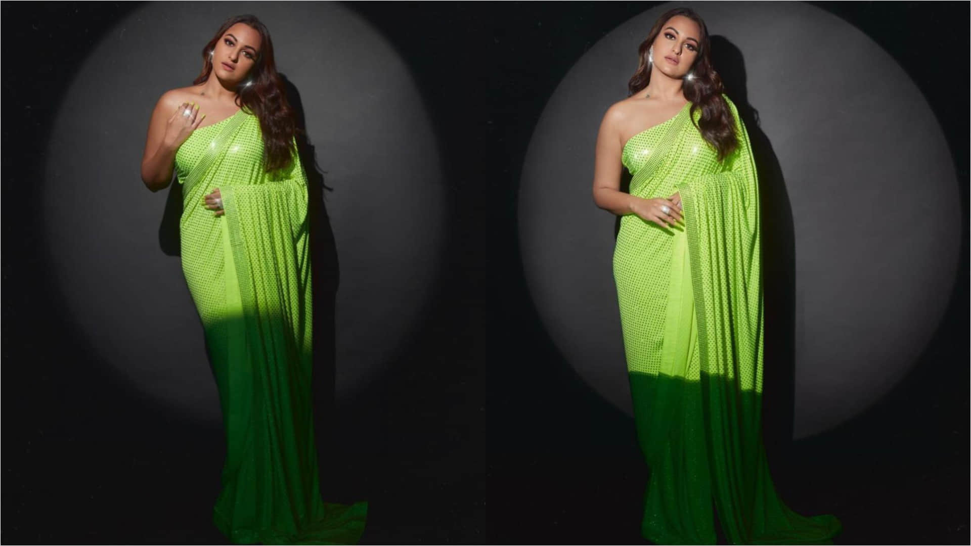 sonakshi sinha crystal work neon saree for saman khan sister arpita khan eid party 2022