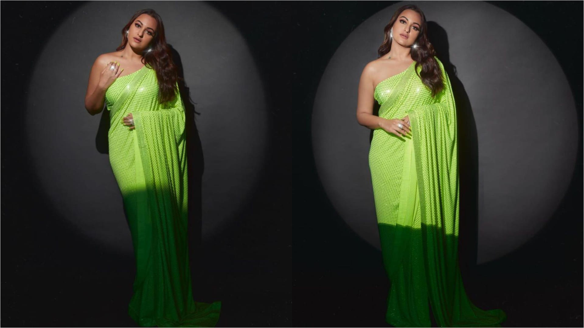 sonakshi sinha crystal work neon saree for saman khan sister arpita khan eid party 2022