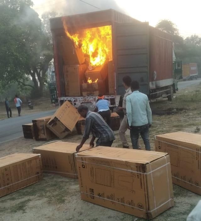 container caught fire