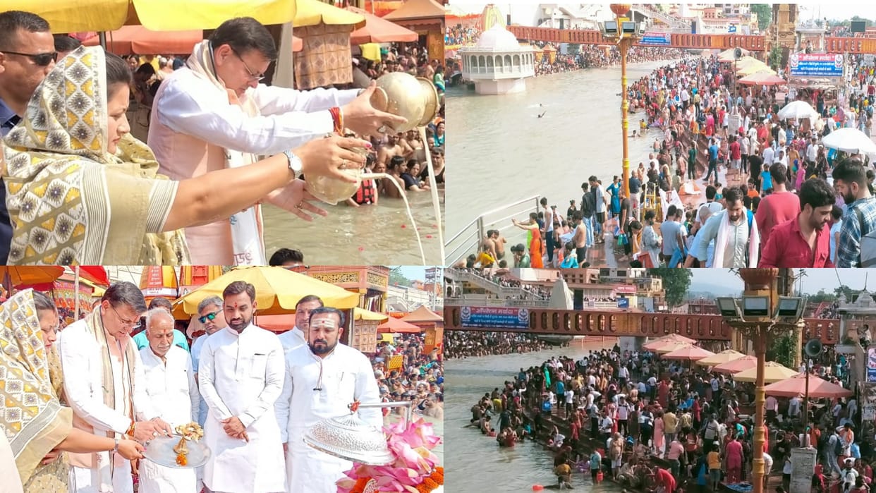 Ganga Saptami  Snan today, CM Pushkar Singh Dhami performed Ganga Pujan with wife at Har ki Padi, See Photos
