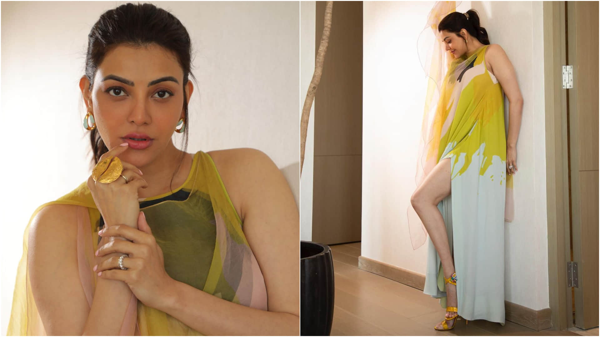 new mom kajal aggarwal shares summer ready stylish pic in thigh high slit gown