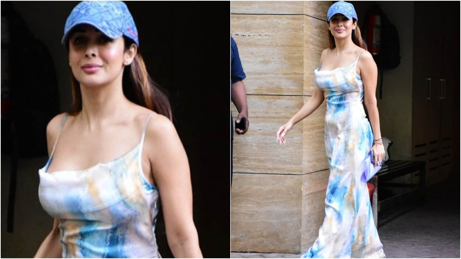 malaika arora steps out in pastel shade long maxi dress with blue cap
