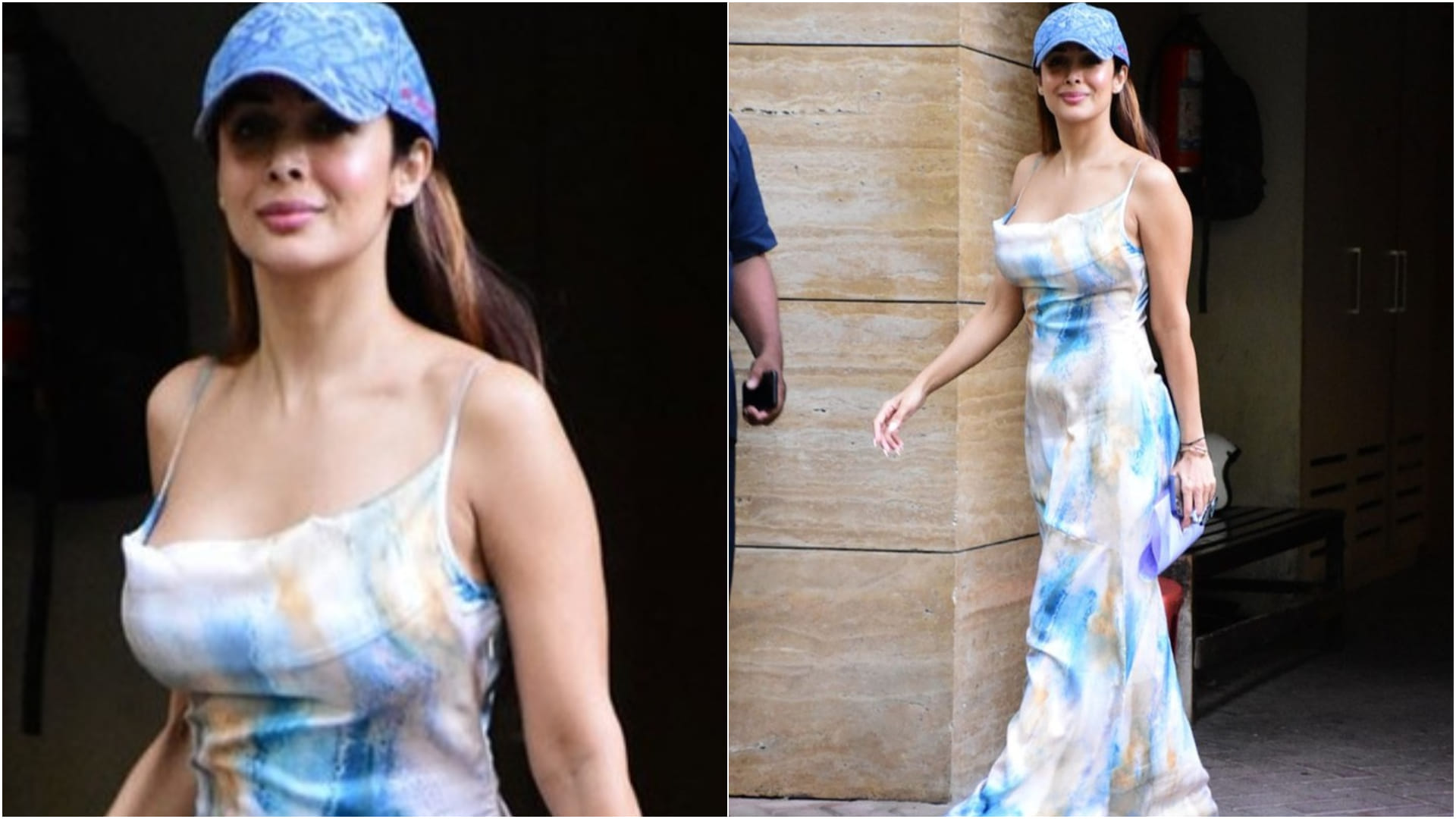 malaika arora steps out in pastel shade long maxi dress with blue cap