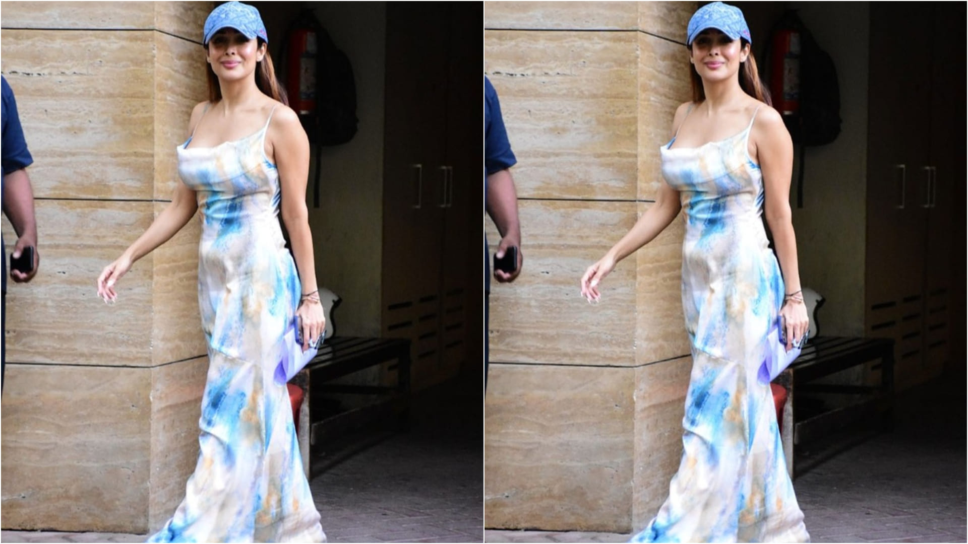 malaika arora steps out in pastel shade long maxi dress with blue cap