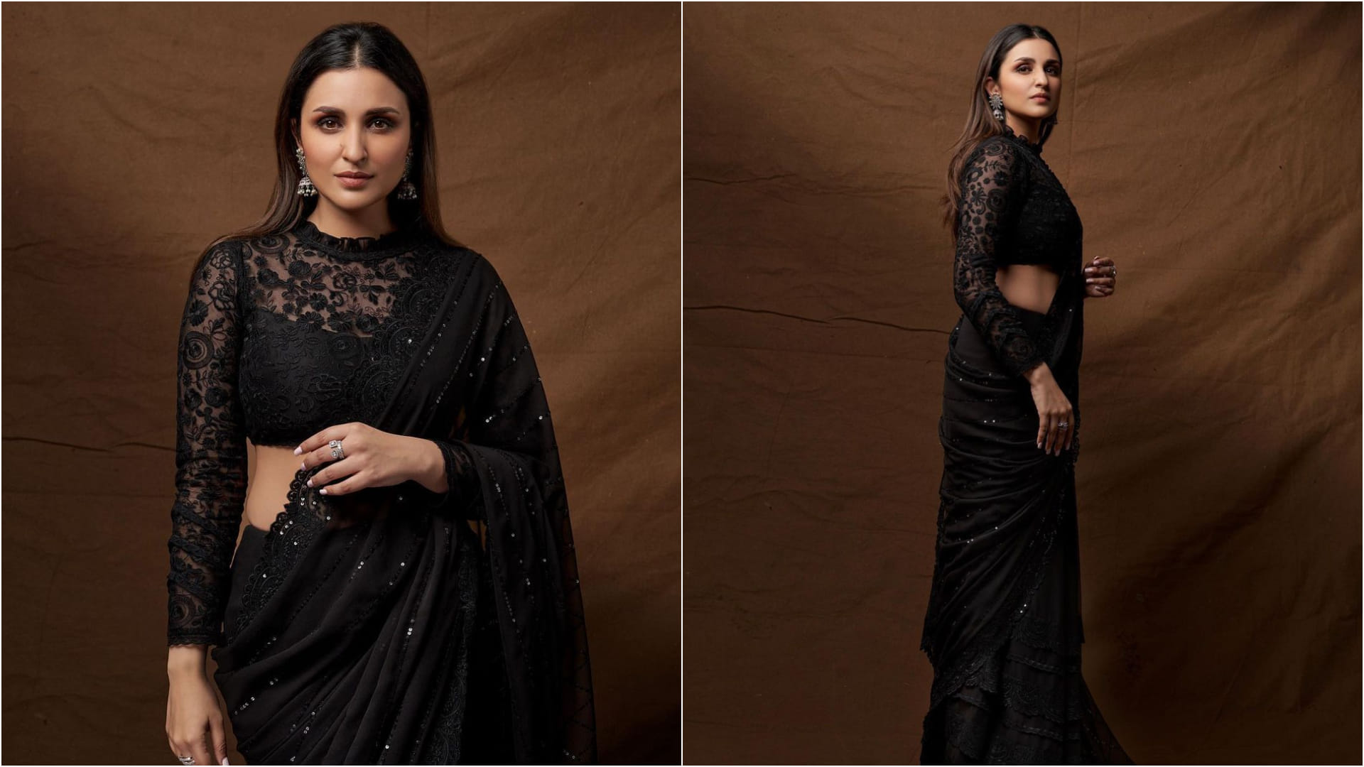 parineeti chopra sheer black saree with lace embroidery blouse classy look for hunarbaaz show