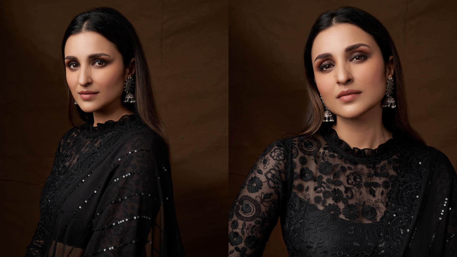 parineeti chopra sheer black saree with lace embroidery blouse classy look for hunarbaaz show