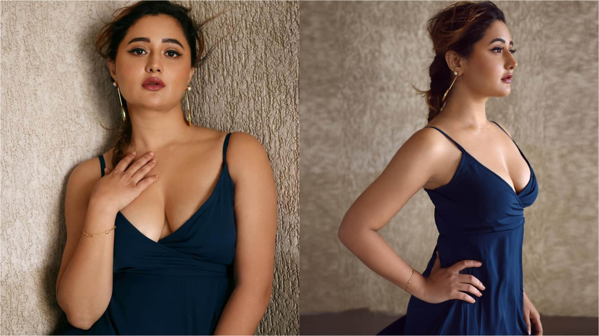 rashmi desai hot look in blue slip dress in latest photoshoot