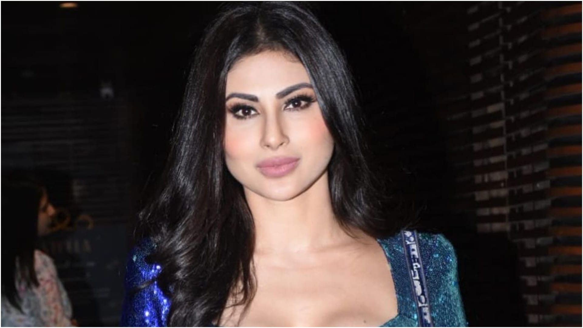 mouni roy sizzling look in tight fitting deep blue sequin short dress