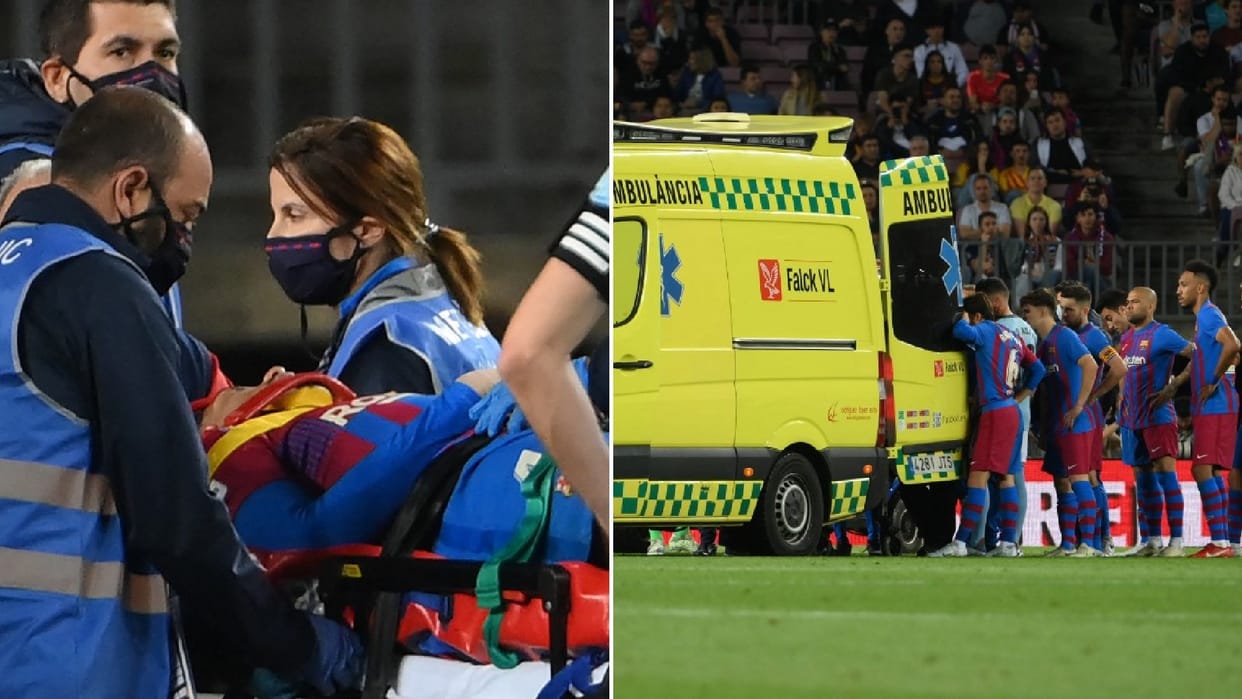 LA liga Barcelona player Ronald Araujo injury after colliding with partner ambulance had to be called on the field