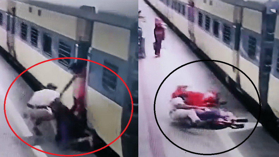 Woman fell from moving train RPF jawan saved her life on Bhubaneswar Railway Station