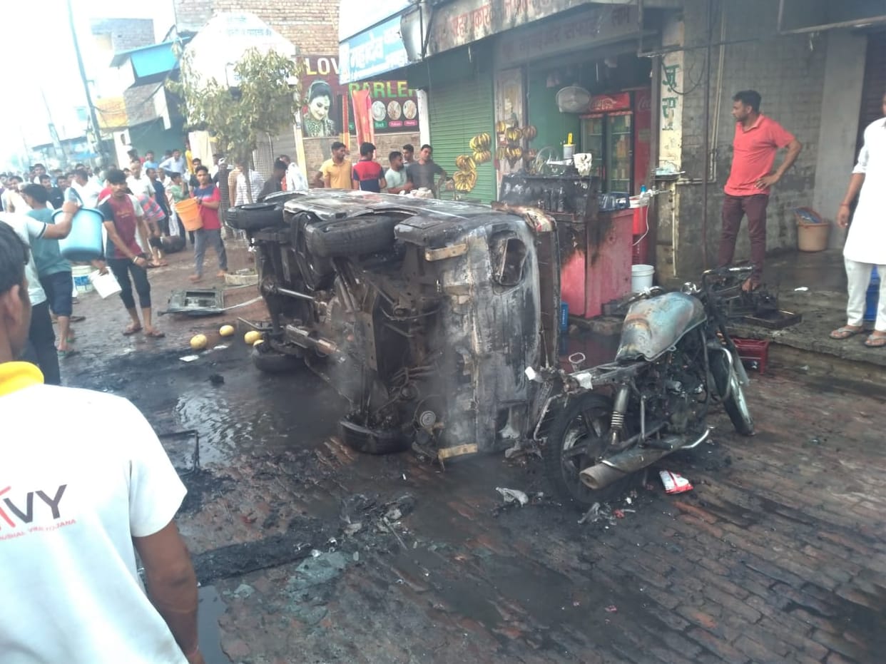 The van caught fire with the explosion, the riders narrowly escaped