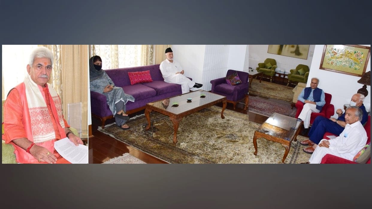 Gupkar Declaration leader farooq abdullah mehbooba mufti and others meets LG Manoj Sinha raised kashmir target killings and other issues